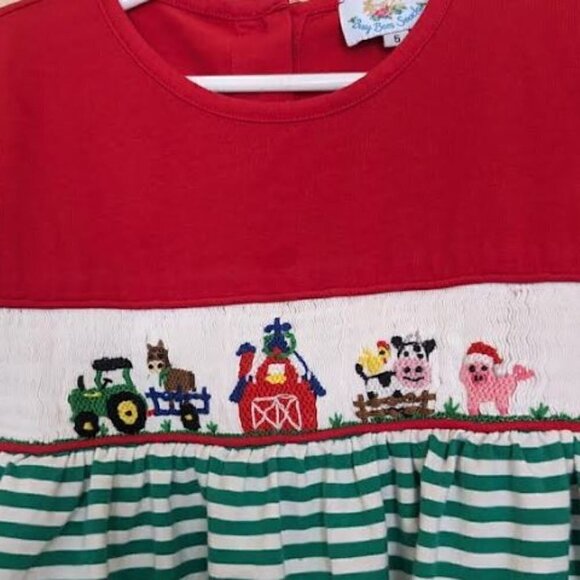 Busy Bees Smocks Christmas On the farm Dress Striped Size 6 Holiday Christmas - Picture 2 of 6